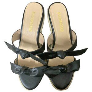 Restricted Bow Faux Leather Black Wedge Espadrilles Sandals Size 7.5